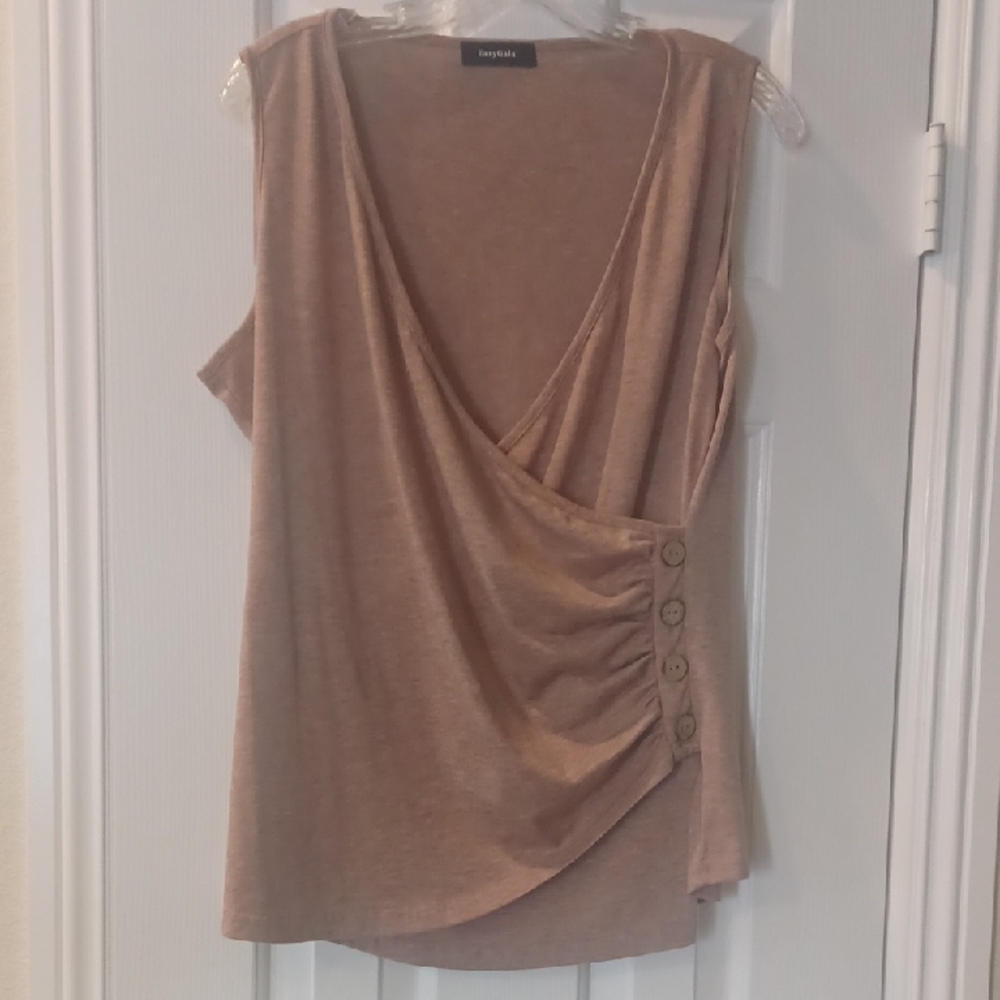 Tan Asymmetrical Buttoned Blouse with Ruched Details XL